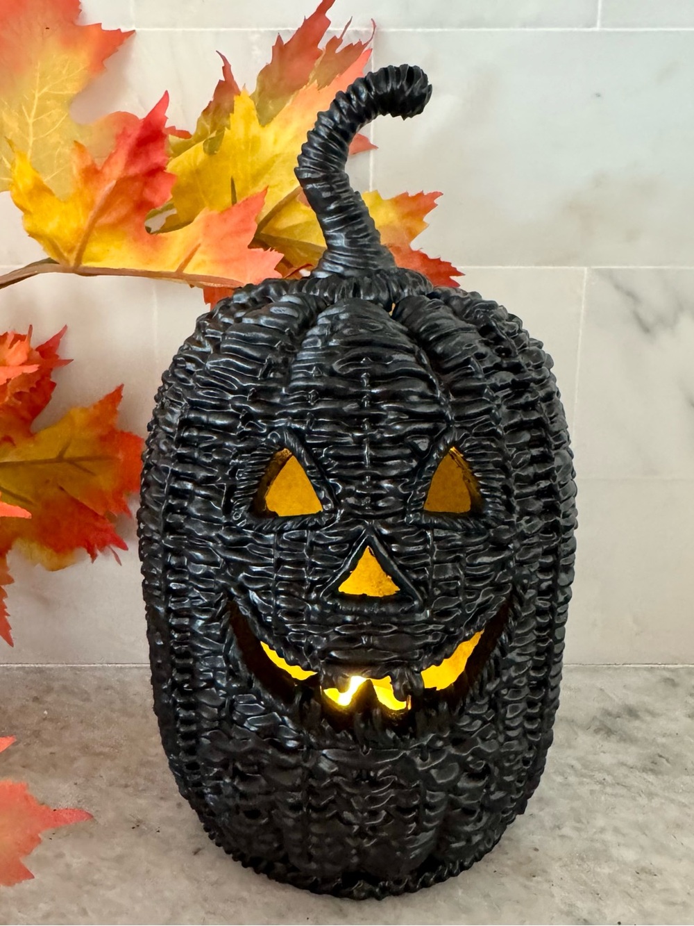 New Halloween RESIN Faux Wicker Black Jack-o'-Lantern Pumpkin w/ Tea Light - 8
